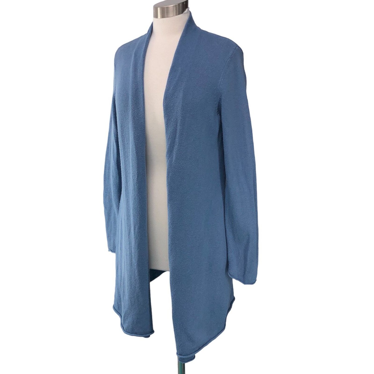 Chicos Size US M Open Front Cardigan Sweater Blue Cotton Blend TINY FLAW
