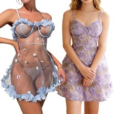 Sexy Women's See Through Lace Lingerie Dress G-string Babydoll Sleepwear Set US