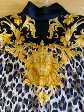 ESCADA VINTAGE SILK BLOUSE IN BLACK BAROQUE PRINT IN GOLD ZIP COLLAR M ITALY