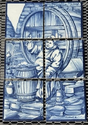 6 VTG Sant Anna Lisboa Portugal Ceramic Tiles Hand Painted Blue Friar Wine Scene