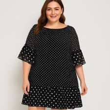 Eliza J Women’s Dress 20W Black Chiffon Lined Polka Dot Tiered Ruffle Hem Plus