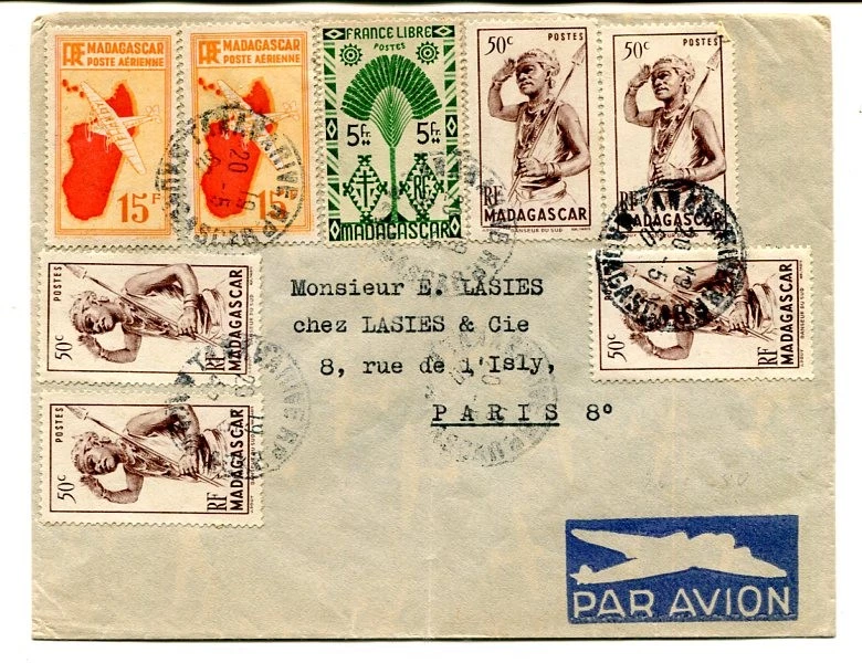 Madagascar 1950 attractive multi-stamp commercial Air Mail Tananarive to Paris