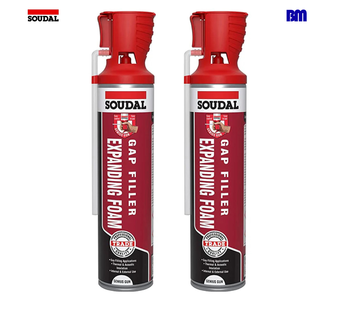 x2 Expanding Foam Window & Door Gap Filler with Genius Gun & Pipe Soudal - 600ml