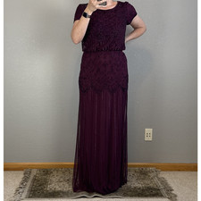 Adrianna Papell Cassis Sequin Beaded Maxi Gown Dress Size 10 Plum Purple Gatsby