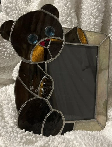 Vintage Tiffany Style Stained Glass Teddy Bear Photo Frame For a 5x7” Photo