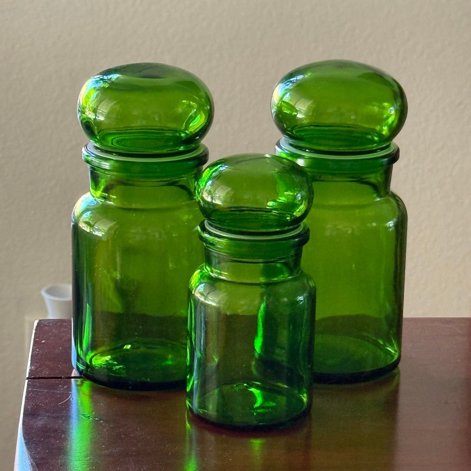Vintage Green Apothecary jars with bubble lid set of 3 Made in Belgium