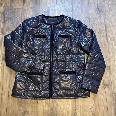 Talbots Womens Navy Blue Shiny Quilted PrimaLoft Puffer Jacket Velvet Trim M