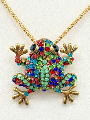 Betsey Johnson Colorful Crystal Frog Pendant/Brooch on Gold Necklace