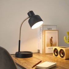 LED Desk Lamp W/ Catch-All Base AC Outlet Adjustable Metal Gooseneck Matte Black