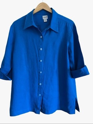Chico's 100% Linen Tunic Blouse Sz 2 Large Royal Blue 3/4 Sleeve Button Up Shirt