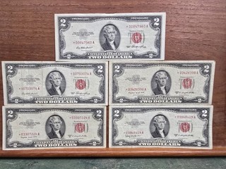 Lot of 5 1953 53 x2 53 B x2 53 C $2 Two Dollar Red Seal Star Notes