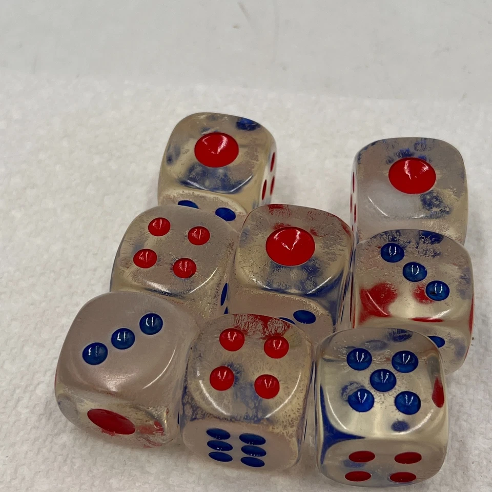 8 dados redondos vintage de acrílico transparente transparente de 3/4 pulgadas con pepitas rojas y azules Foto 4 de 4
