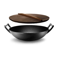 NutriChef Pre Seasoned Cooking Wok Cast Iron Stir Fry Pan Wooden Lid(Open Box)