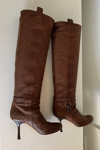 AUTHENTIC CHRISTIAN DIOR BROWN LEATHER CANNAGE KNEE HIGH BOOTS SIZE 36.5