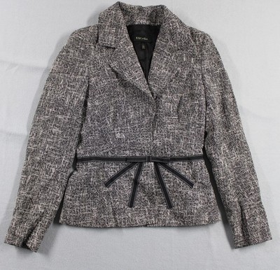 Escada Blazer Womens 34 Black White Textured Wool Blend Ribbon Belted Jacket