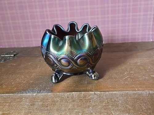 Antique Northwood Blue Carnival Glass Beaded Cable Rose Bowl Excellent Condition