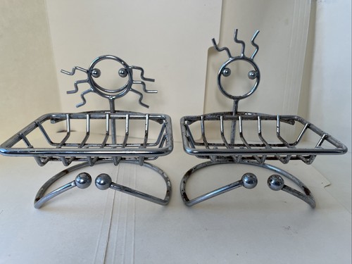 Vintage Boy & Girl Smiley Face Bathroom Shower SOAP CADDY Holder Chrome Metal