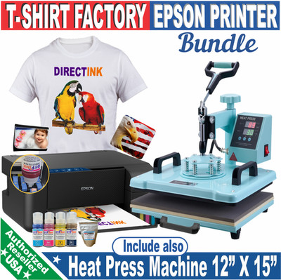 Epson Printer with DTF Ink Full Color plus Heat Press Transfer T-Shirt Bundle;