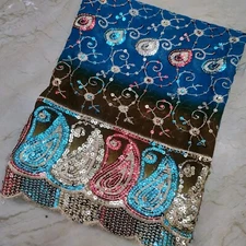 Indian Vintage Dupatta Long Scarf Sequins Hand Embroidery Georgette Veil Stole L