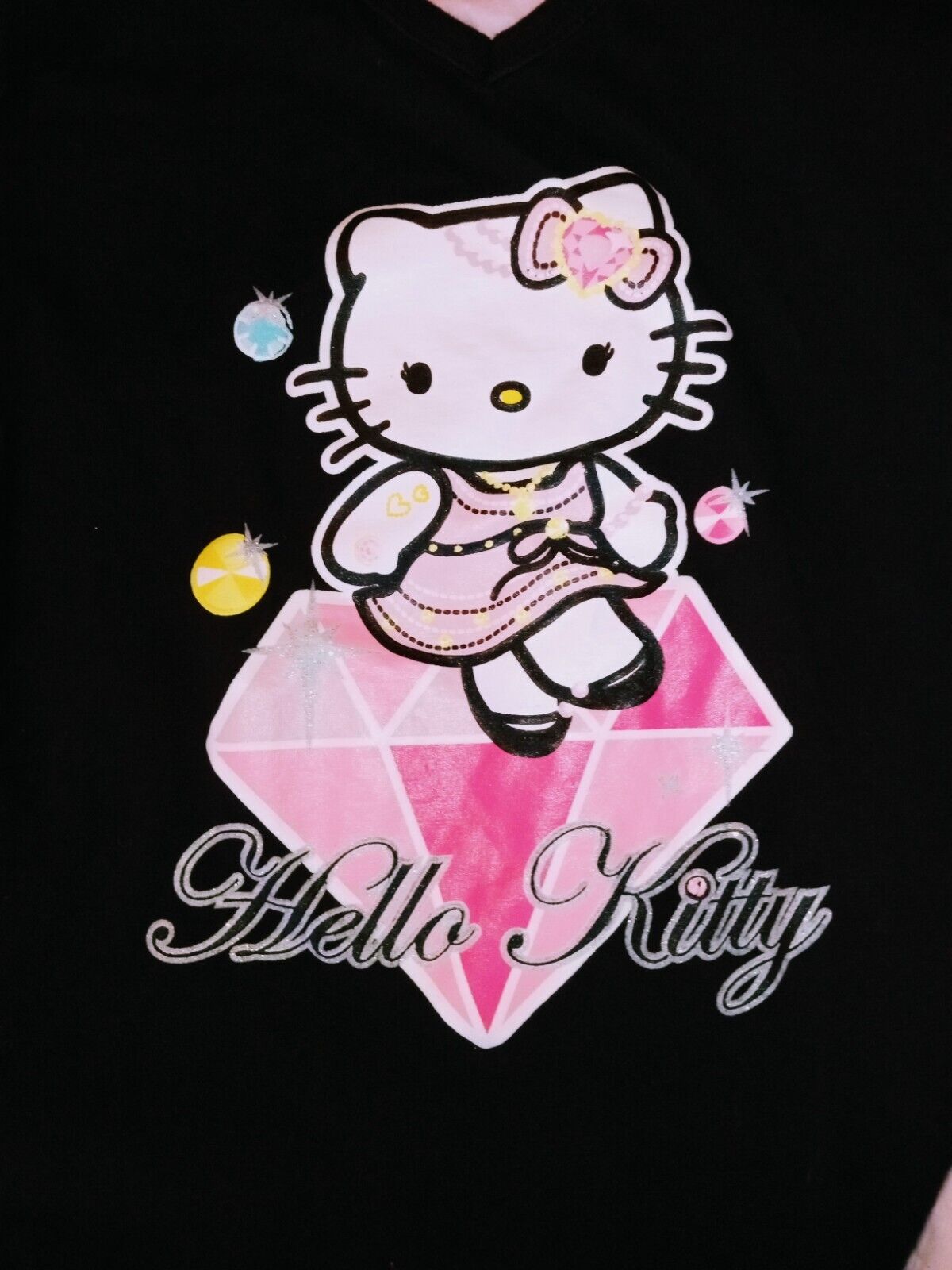 HELLO KITTY on Diamond- Girls lg - Long sleeve T-Shirt hoodie black and  pink.