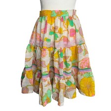 Vintage 70s Circle Twirl Skirt M White Floral Lace Ruffle Prairie Cottage