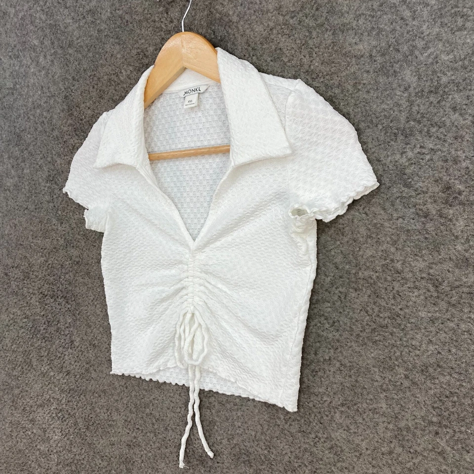 Monki Top Womens 2XS White Cropped Short Sleeve Collared Stretch Shirt 32929 — 第 2/4 张图片