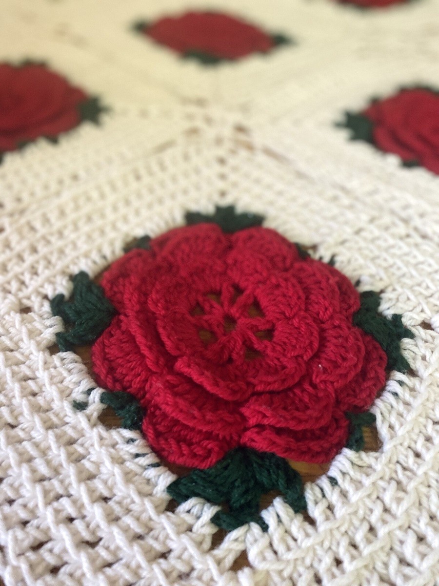 Vintage Crochet Afghan Blanket 3D Rose Throw Handmade Granny