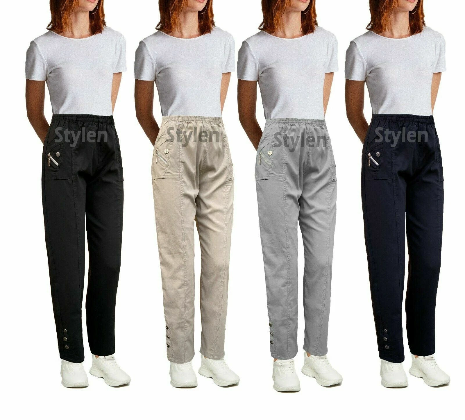 Womens Trousers Elasticated Waist Pull on Cherry Berry Full Length Trousers