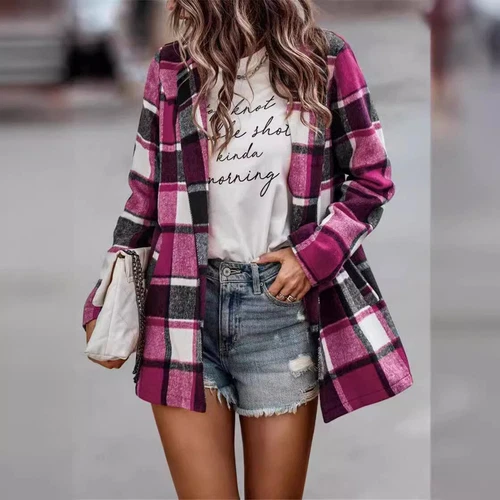 Women's loose checkered printed long sleeved cardigan- - Foto 6 di 24