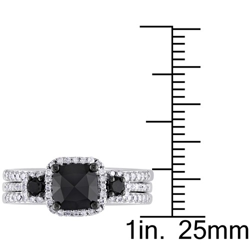 Amour Sterlingsilber Kissenschliff schwarz & weiß Diamant Heiligenschein Braut Ring Set - Bild 3 von 6