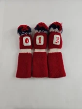 Set Of 3 Vtg Pom Pom Head Covers Knit Sock Red Golf Club Retro Headcovers