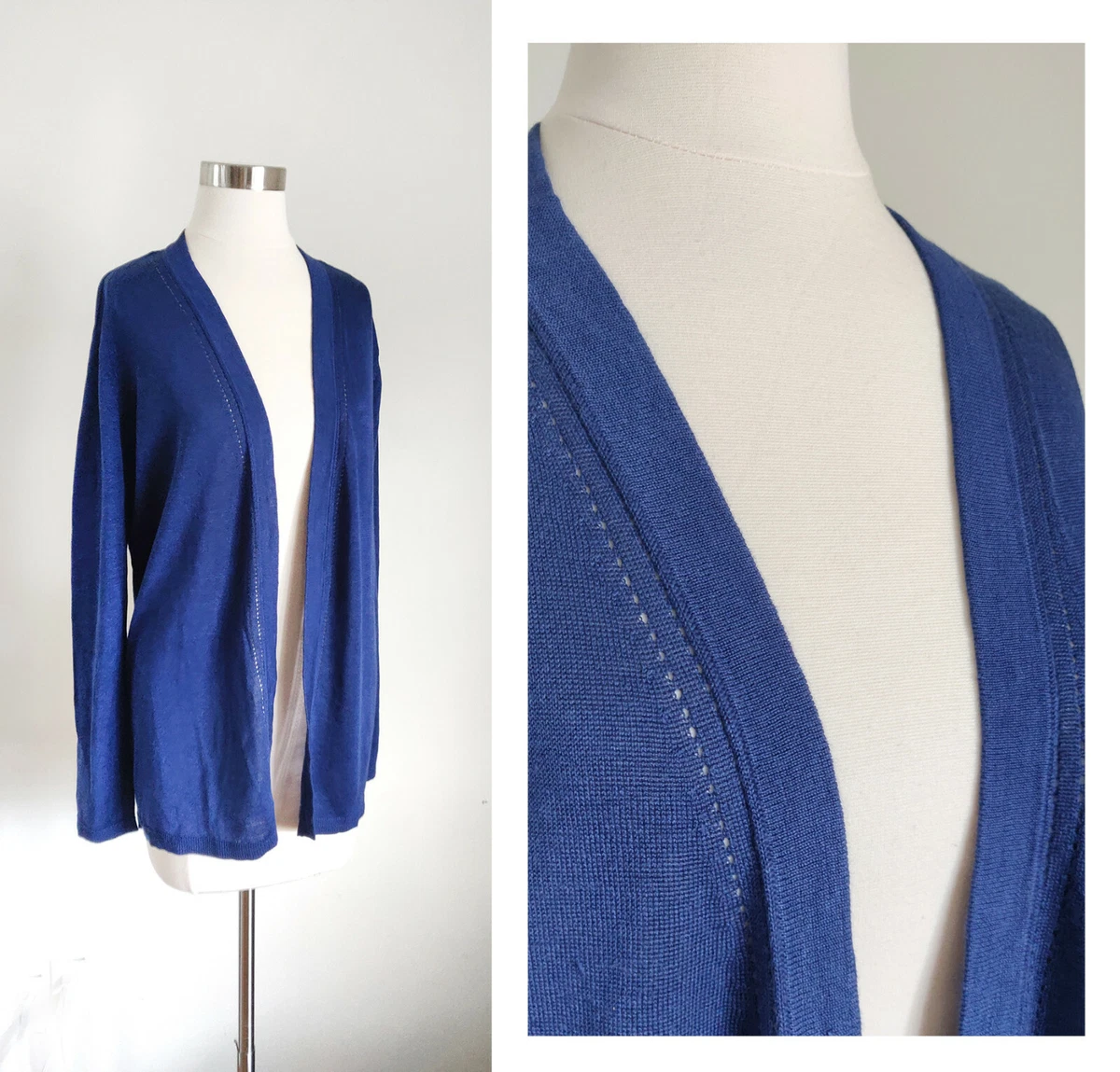 Caroll Paris Blue Designer European Pointelle Flyaway Open Sweater Cardigan 44 M