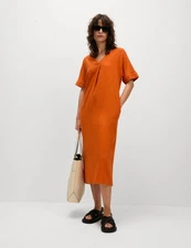 Marks & Spencer Womens Orange Linen Maxi Shift Midi Women Dress - M&S