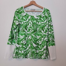 Athleta Rash Guard Long Sleeve Top Size Large Green White Leaf Pattern Mesh