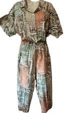 Vtg 80 s Jumpsuit M Abstract Print Dolman Sleeves Button Front Elastic Waist