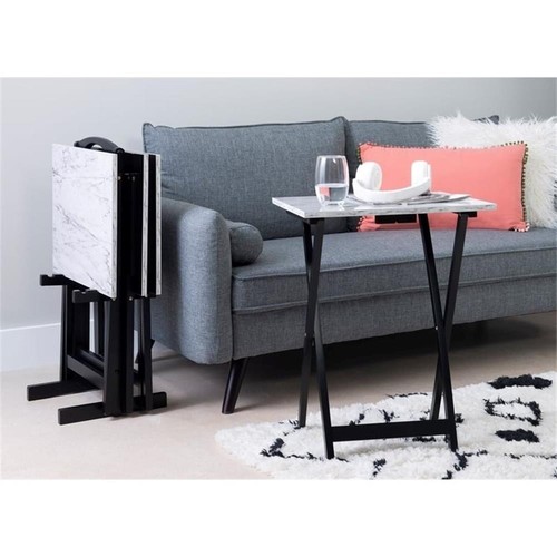 Riverbay Furniture 5-Piece Marble Folding Tray Table Set w/ Stand in White/Black - Picture 14 of 20