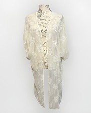 Lace Duster Kimono Cover Up Cardigan Women's S/M Cream Ivory Floral Boho Sheer