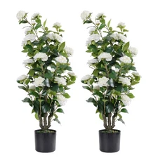 2 Pack Artificial Camellia Tree in Pot Lifelike Floral Plant Blooming Tree Decor