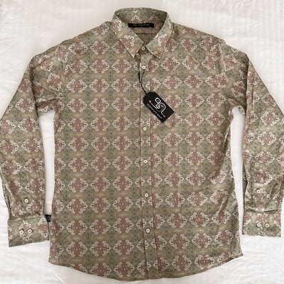 Seed of Life Shipibo Kené Psychedelic Men Button Shirt M Beige Long Sleeve NWT