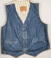 LEVIS Denim Vest Men XL Denim Vest Hickory Striped Cinch Back USA MADE 1980s VTG