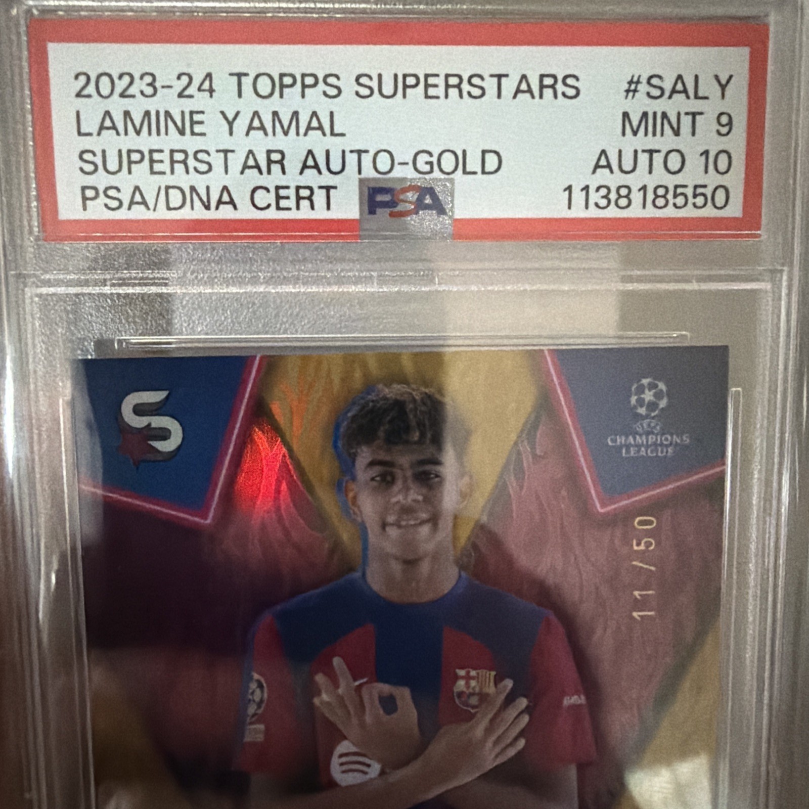 Topps 2023-24 UEFA Superstars Lamine Yamal SALY Gold Auto /50 PSA 9 10 view 6