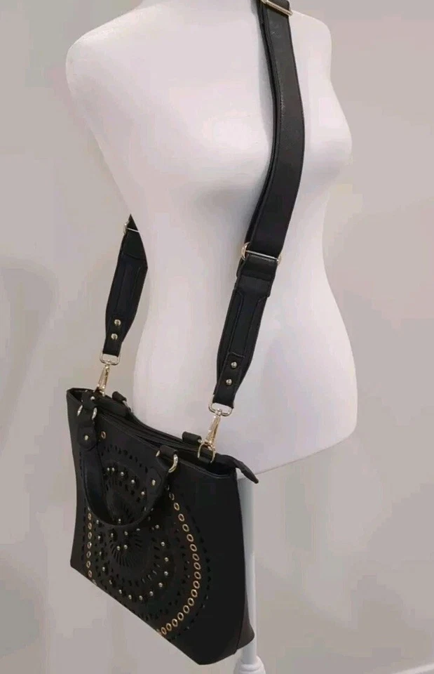 Bolso de mano chino de lavandería para mujer corte láser negro de 2 vías trabajo ciudad preppy Foto 2 de 4