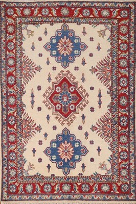 Ivory Geometric Kazak Accent Rug 3x5 Hand-knotted Wool Tribal Style for Foyer