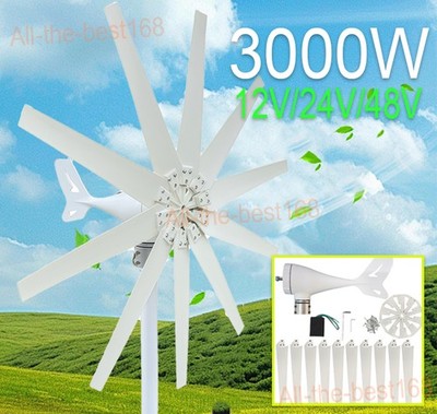 3KW 12/24/48V Wind Turbine Generator 8/10 Blade Charge Controller Windmill Power