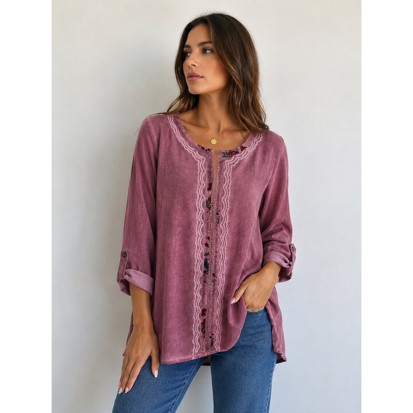 Ali Miles Womens Mauve Embroidered Mixed Media Tunic Top 3/4 Sleeve Size M artsy