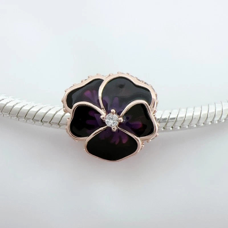 Rose Plated Deep Purple Enamel Flower Charm Bead fits Pandor Moments Bracelet - Image 4 of 4