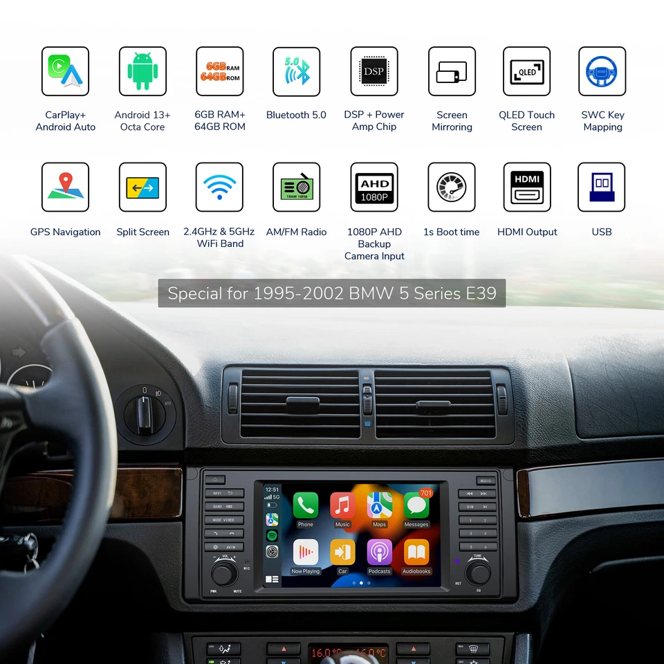 Für BMW E39 M5 Eonon E39A12S 8Kern 6+64 Android 13 Autoradio 7" GPS Navi CarPlay - Bild 2 von 4