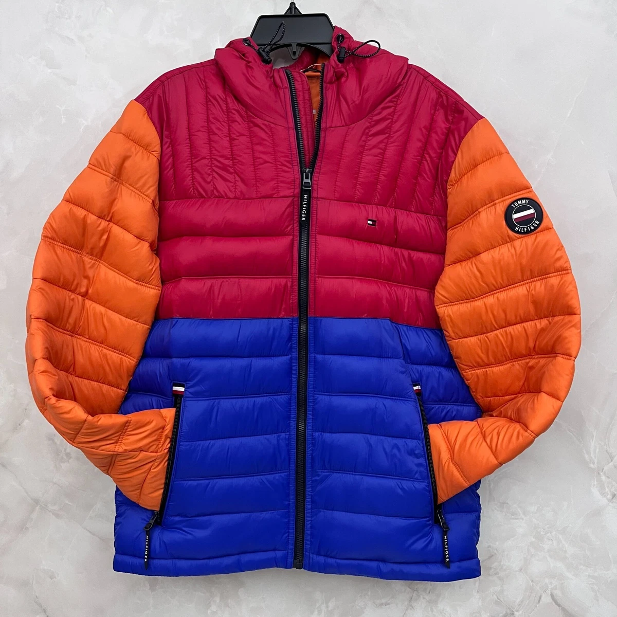 Tommy Hilfiger Mens Softshell Multicolor Hoody Full Zip Puffer Jacket Sz Sm NWOT