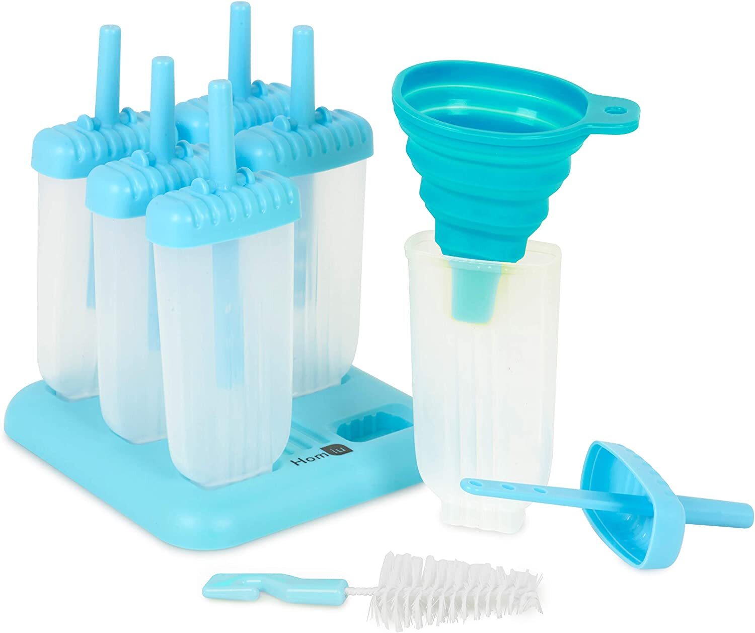 Popsicle Moulds 6 Pack Blue Non-Stick Homiu Drip Tray Funnel Brush Lolly Maker