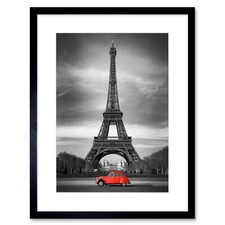 Eiffelturm in Paris rotes Auto Kunstplakat Gerahmter Kunstdruck 18x23 cm